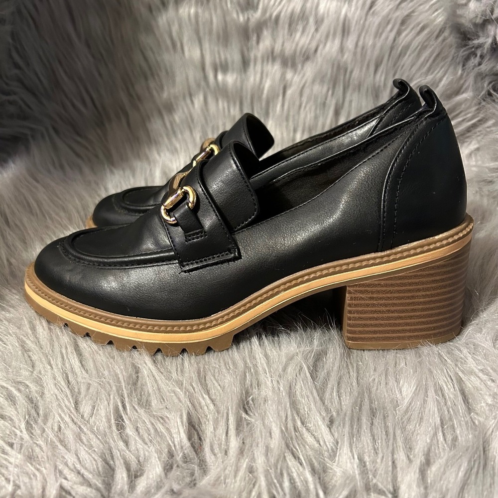 Time And Tru Loafers Womens Size 9 Black Memory Foam Slip On Chunky Heel Shoes